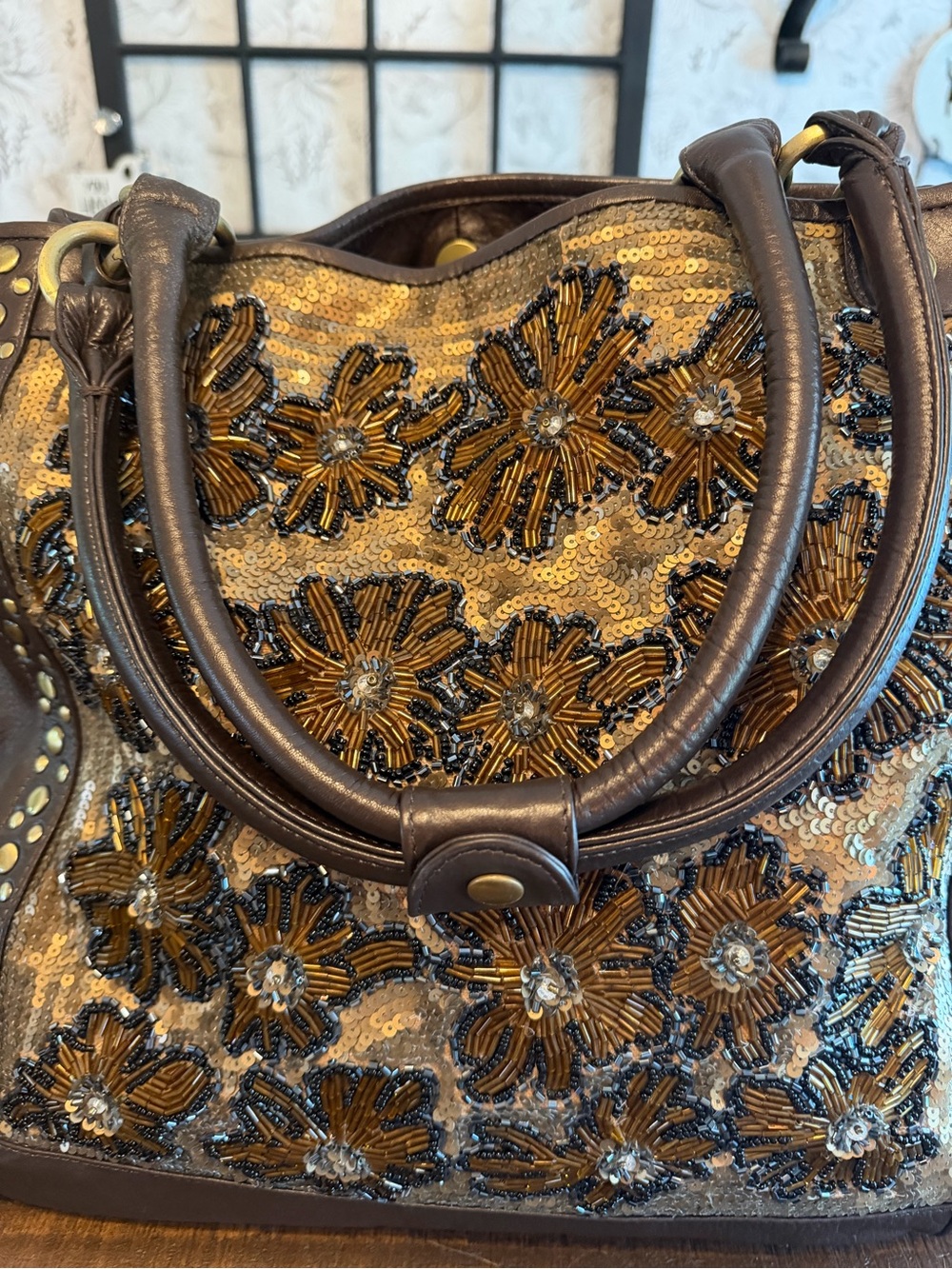Sharif Brown and Gold Floral Beaded Tote EUC with Miss Chloe Mae modeling - Picture 9 of 13